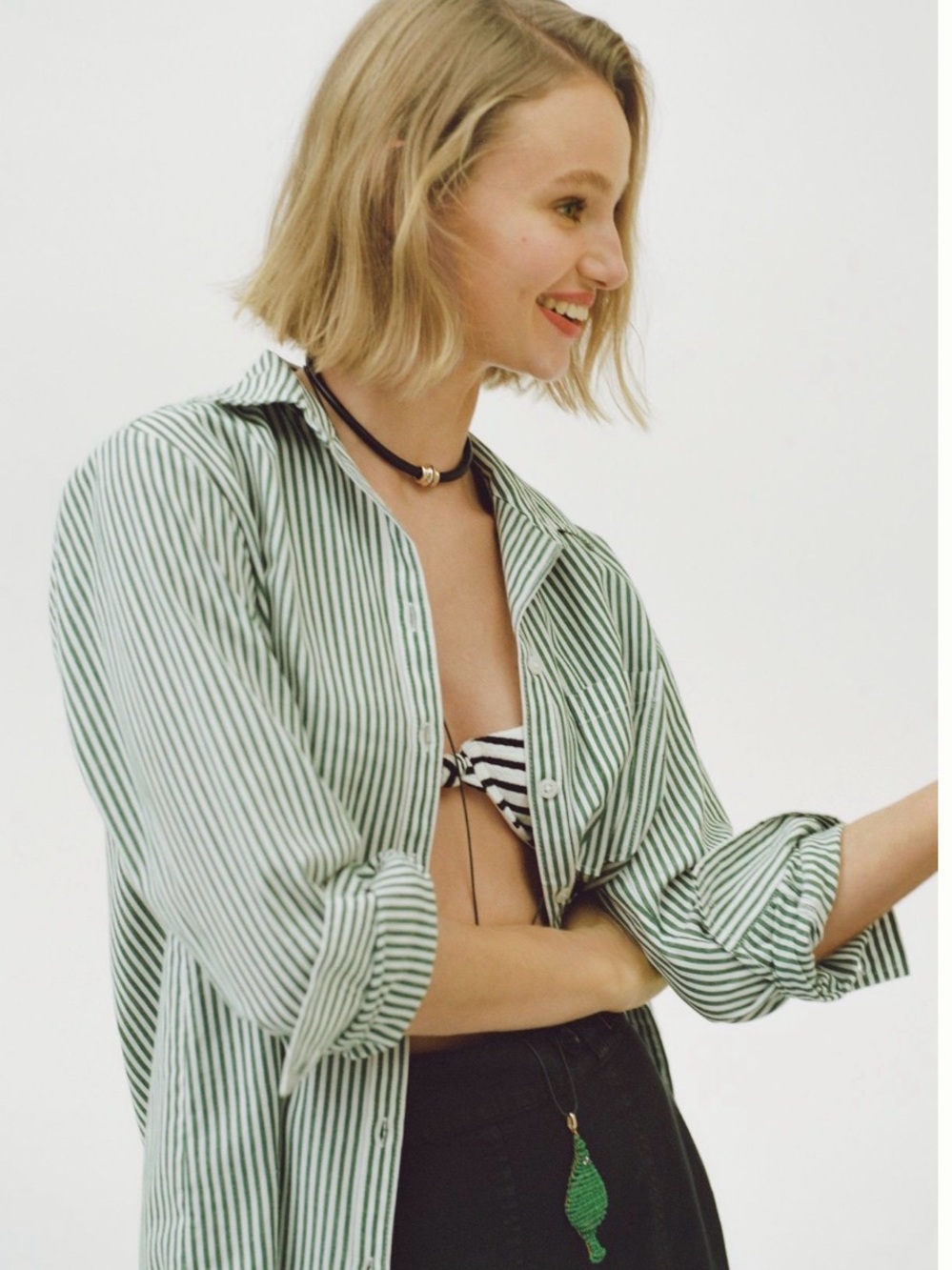 NWT Anthropologie Maeve Kate Classic Green and White Striped Button-Down Shirt